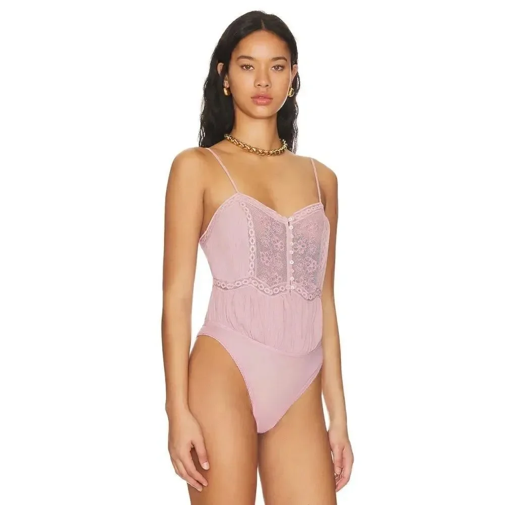 NWT Free People Still the One Lace Trim Cotton Bodysuit in La Fleur, Size XS